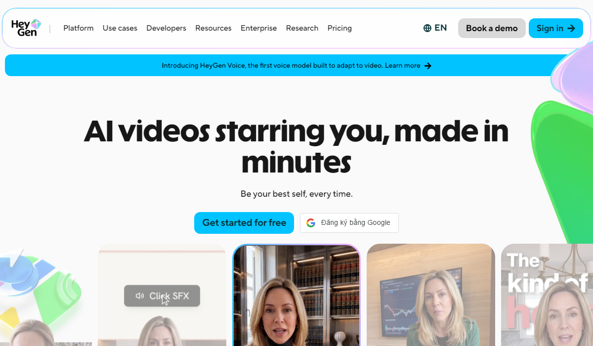 HeyGen homepage with the headline AI videos starring you, made in minutes