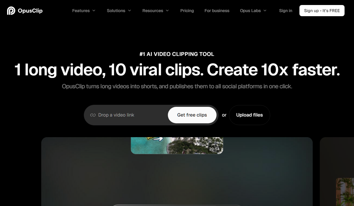 OpusClip homepage with the headline 1 long video, 10 viral clips
