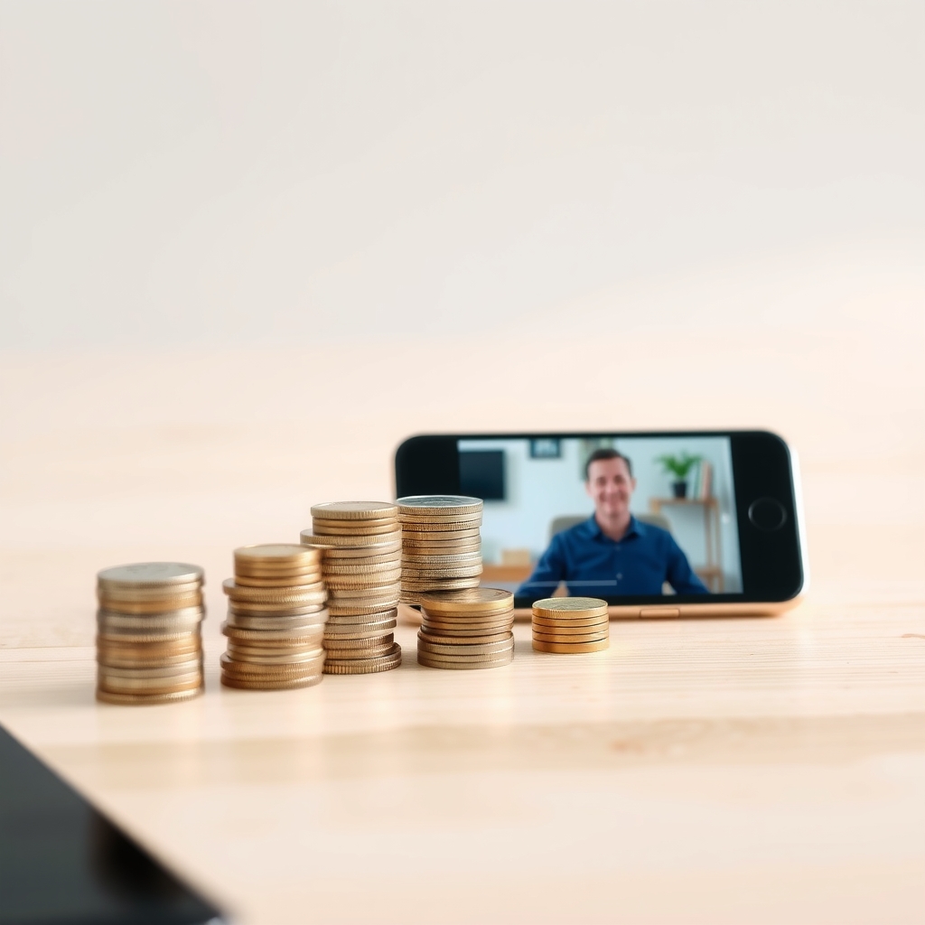 Rising stacks of coins beside a smartphone playing a video