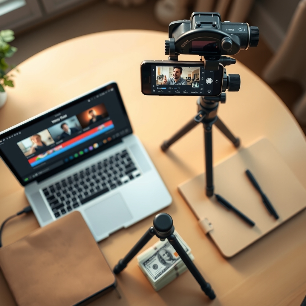 Overhead view of a creator workspace with a phone rig, laptop editing timeline and a stack of dollar bills