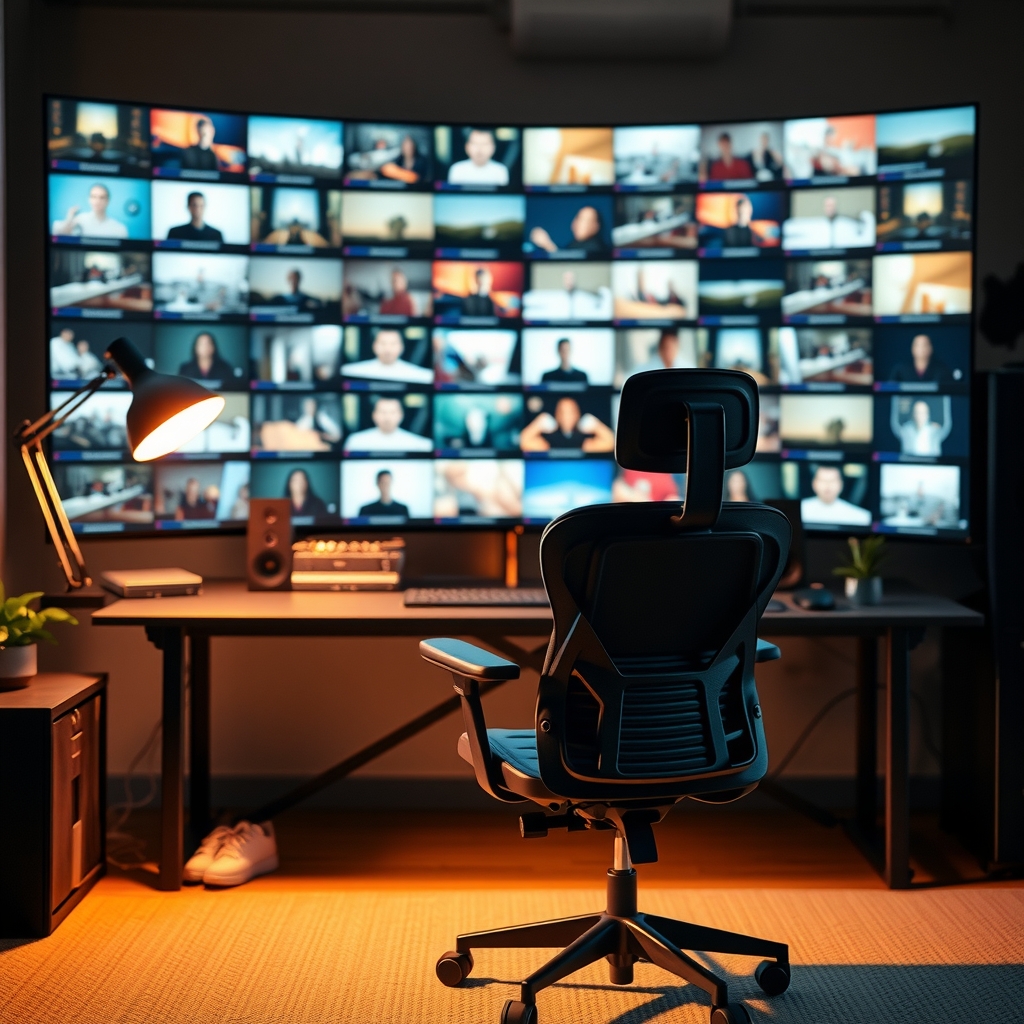 Empty office chair in front of a wall of video thumbnails at night