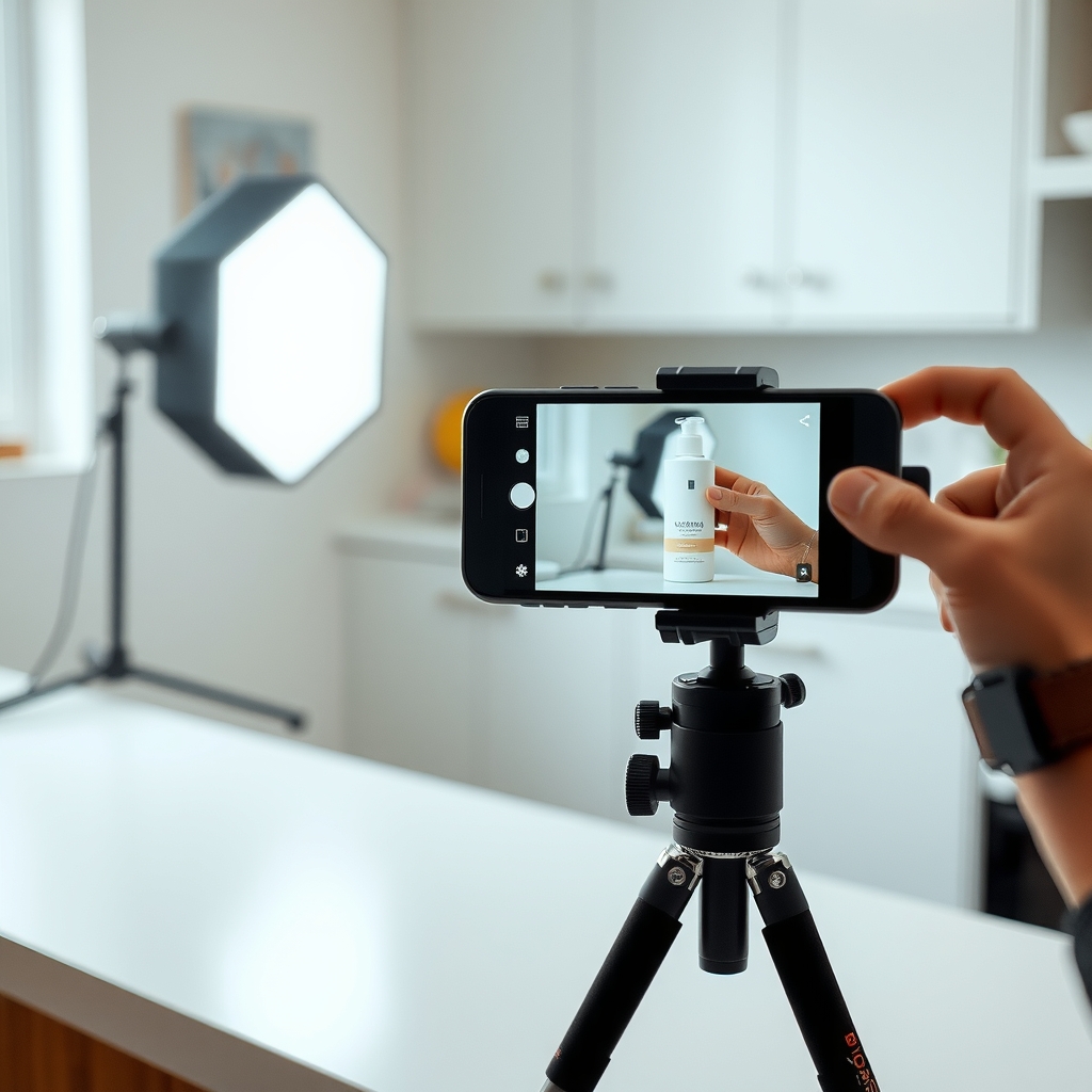 Smartphone on a tripod filming a skincare product on a kitchen counter with a softbox light