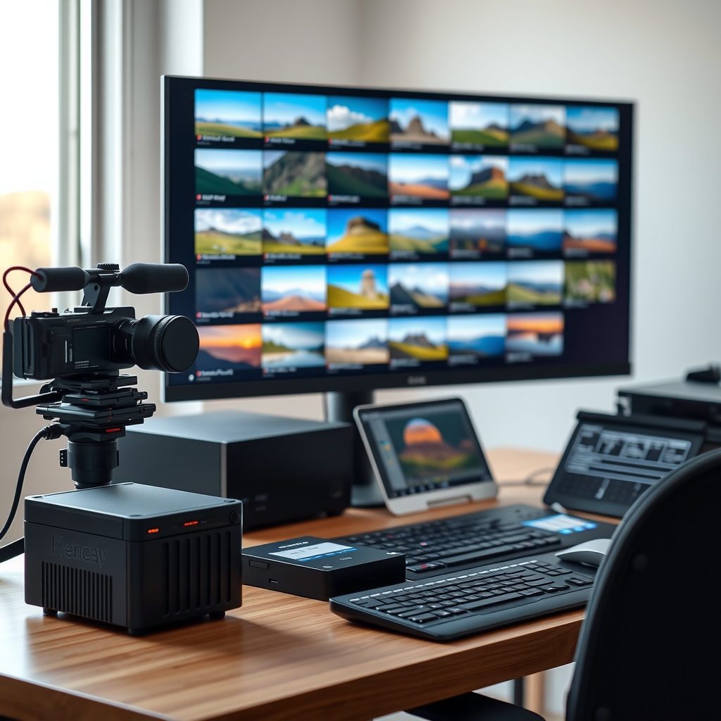 Editing desk with camera and hard drives in front of a monitor showing a grid of landscape clips
