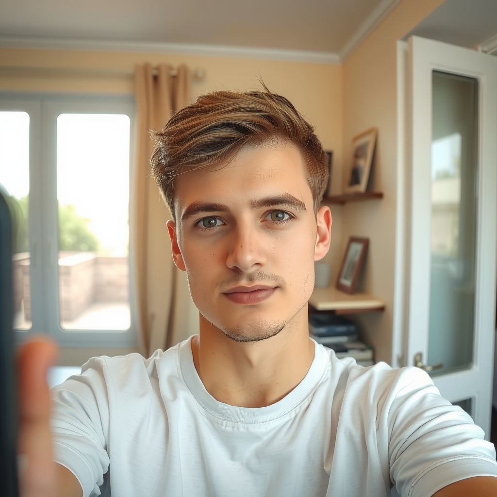 Casual AI-generated selfie of a young man in a white shirt at home with natural window light