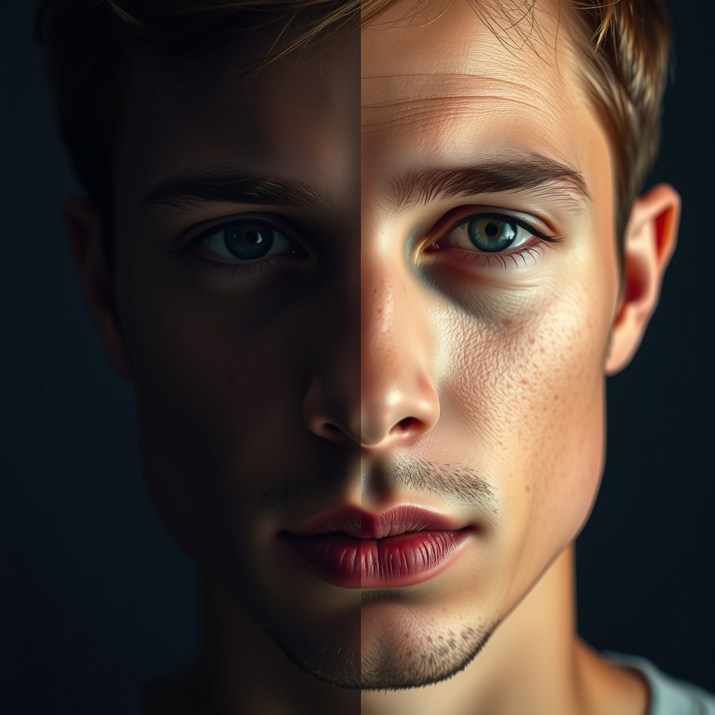 Split portrait: one half with smooth plastic-looking AI skin, the other with natural pores and stubble