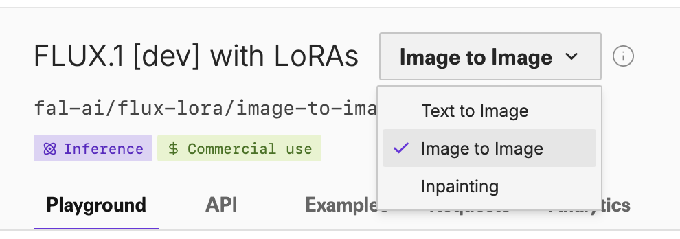 FLUX.1 dev with LoRAs mode dropdown with Image to Image selected